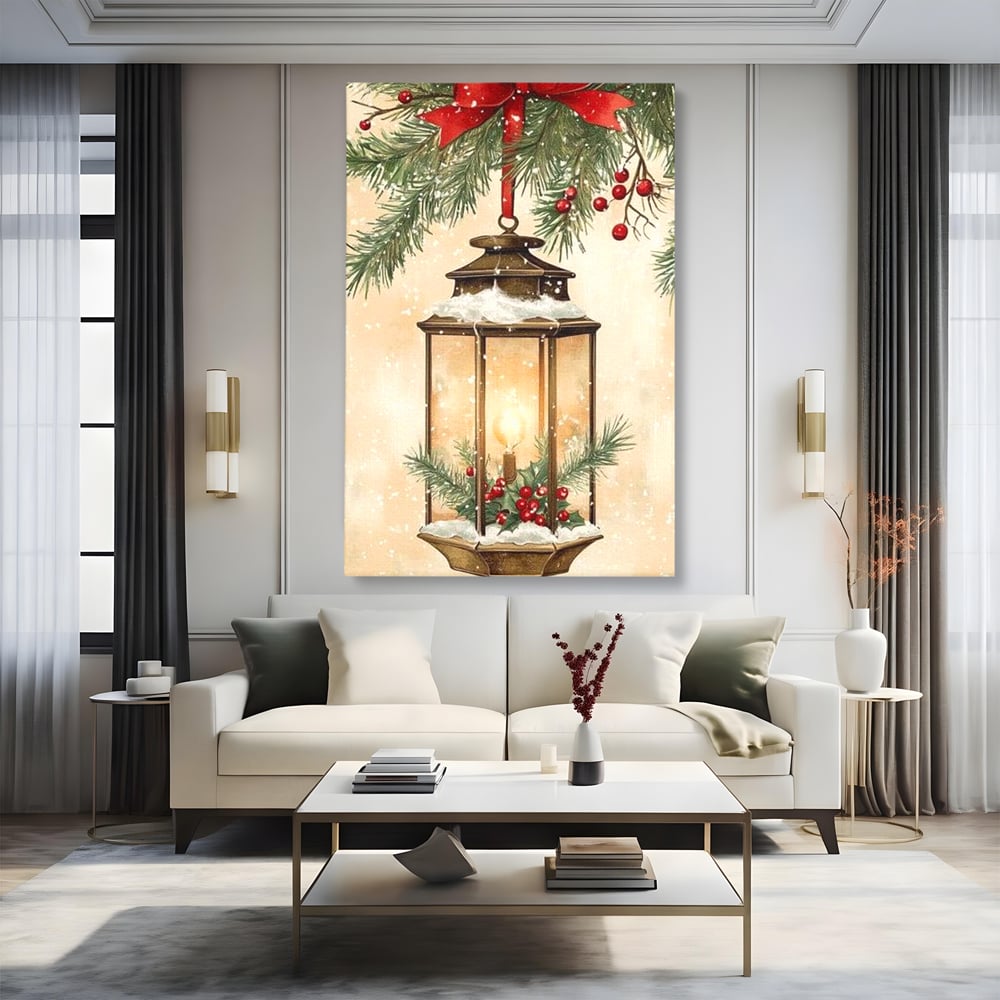 Tablou Canvas Premium LuxCanva® D1059, Felinarul Impodobit , Felinar, Brad, Lumina, Auriu, Casa, Zapada, Living Room, Culori vibrante