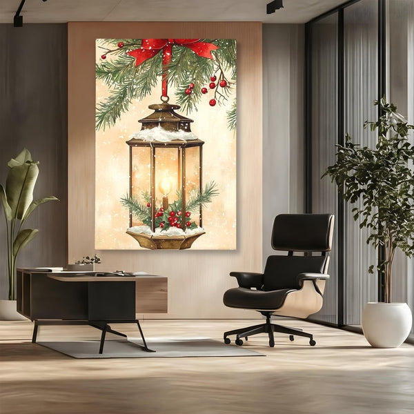 Tablou Canvas Premium LuxCanva® D1059, Felinarul Impodobit , Felinar, Brad, Lumina, Auriu, Casa, Zapada, Living Room, Culori vibrante