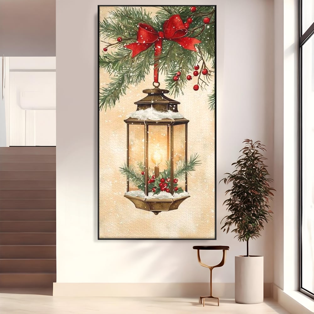 Tablou Canvas Premium LuxCanva® D1059, Felinarul Impodobit , Felinar, Brad, Lumina, Auriu, Casa, Zapada, Living Room, Culori vibrante