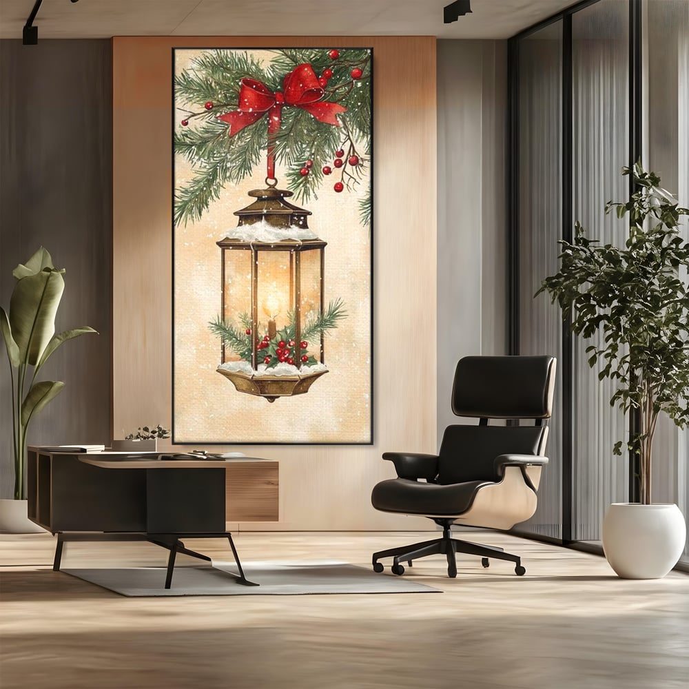 Tablou Canvas Premium LuxCanva® D1059, Felinarul Impodobit , Felinar, Brad, Lumina, Auriu, Casa, Zapada, Living Room, Culori vibrante