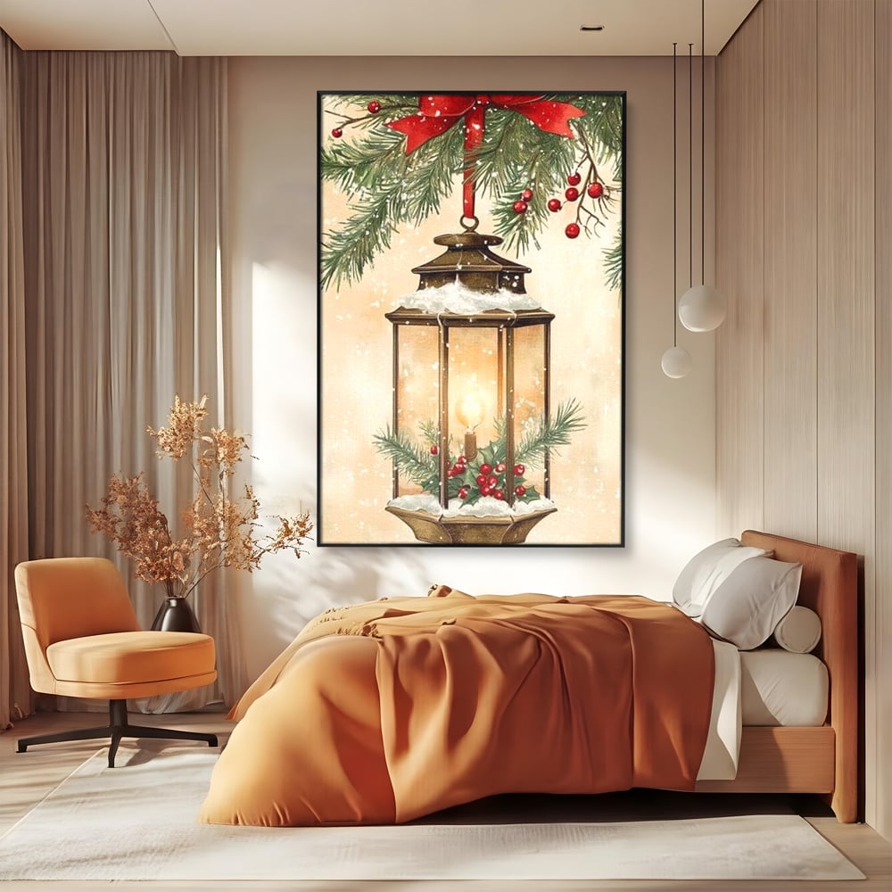 Tablou Canvas Premium LuxCanva® D1059, Felinarul Impodobit , Felinar, Brad, Lumina, Auriu, Casa, Zapada, Living Room, Culori vibrante