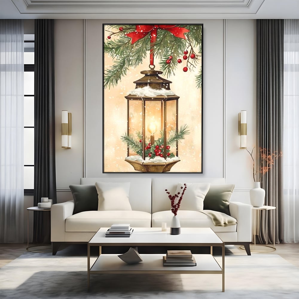 Tablou Canvas Premium LuxCanva® D1059, Felinarul Impodobit , Felinar, Brad, Lumina, Auriu, Casa, Zapada, Living Room, Culori vibrante