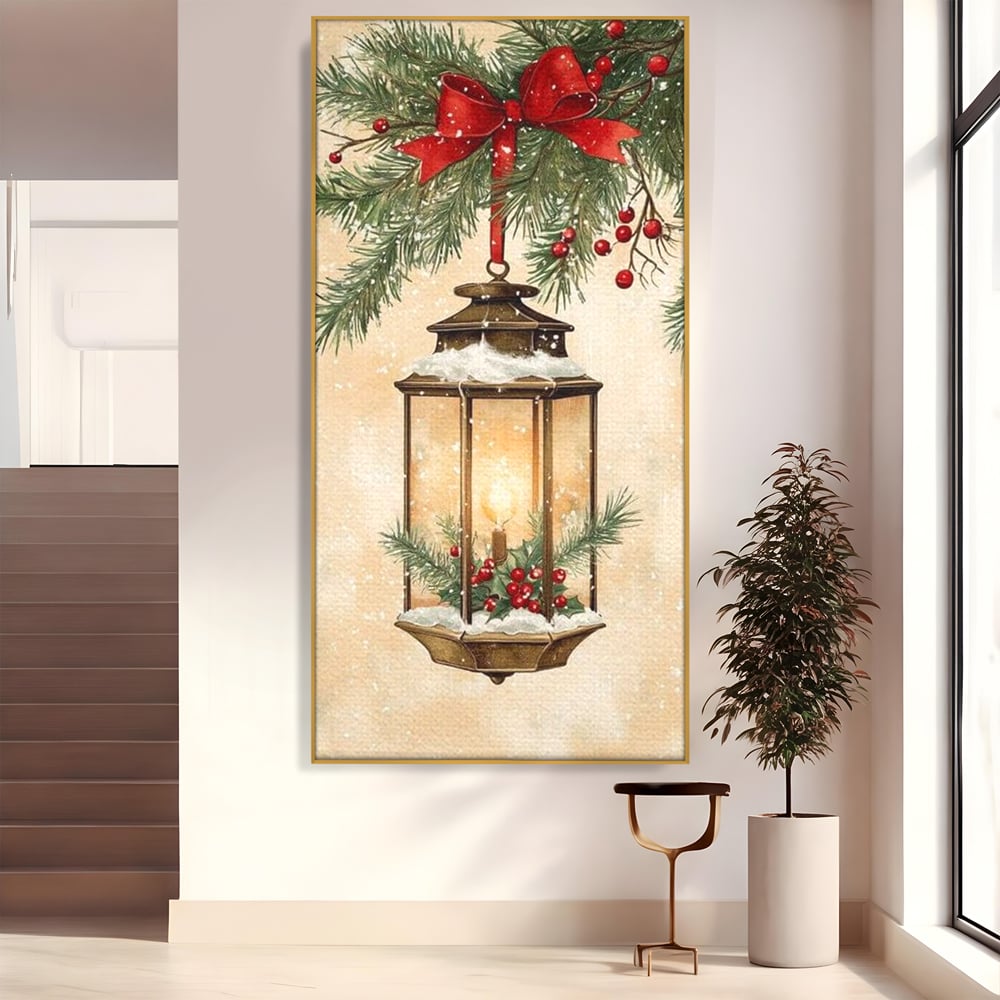 Tablou Canvas Premium LuxCanva® D1059, Felinarul Impodobit , Felinar, Brad, Lumina, Auriu, Casa, Zapada, Living Room, Culori vibrante