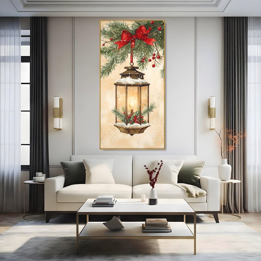 Tablou Canvas Premium LuxCanva® D1059, Felinarul Impodobit , Felinar, Brad, Lumina, Auriu, Casa, Zapada, Living Room, Culori vibrante