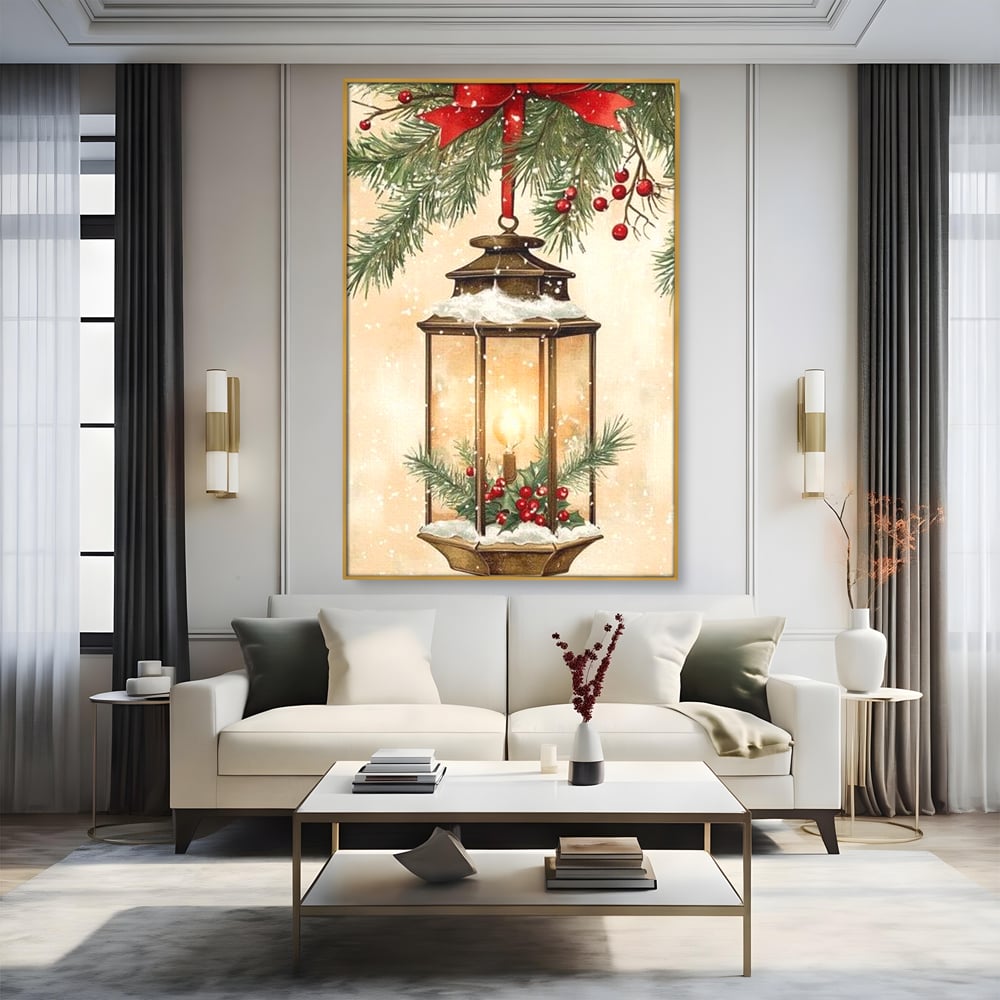 Tablou Canvas Premium LuxCanva® D1059, Felinarul Impodobit , Felinar, Brad, Lumina, Auriu, Casa, Zapada, Living Room, Culori vibrante