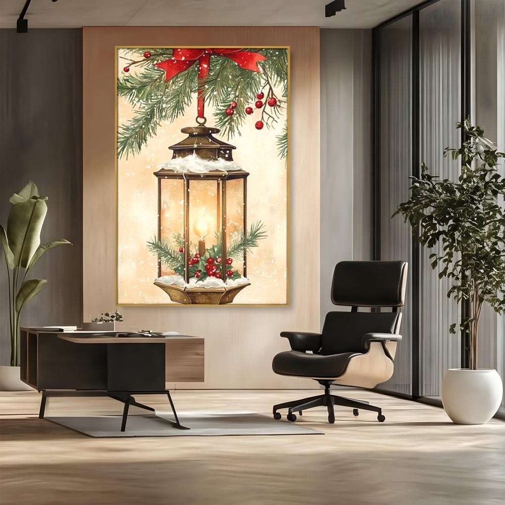 Tablou Canvas Premium LuxCanva® D1059, Felinarul Impodobit , Felinar, Brad, Lumina, Auriu, Casa, Zapada, Living Room, Culori vibrante
