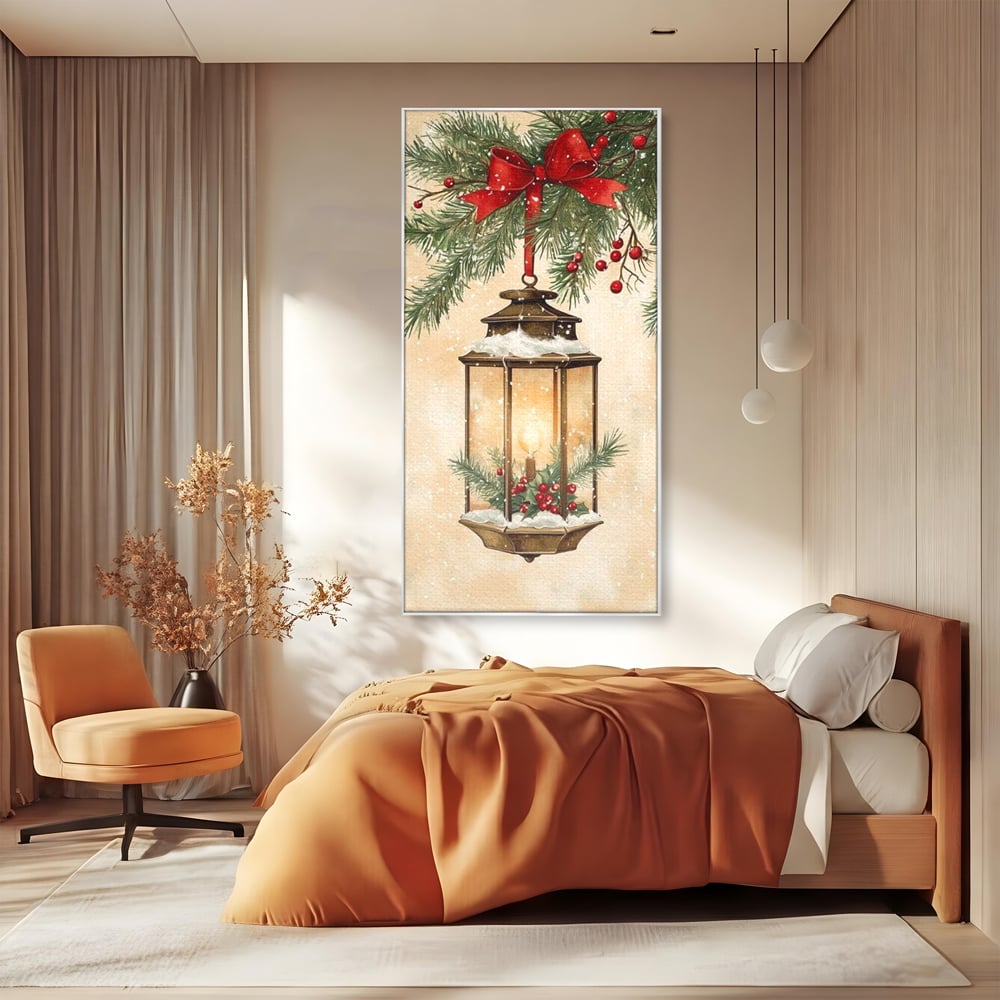 Tablou Canvas Premium LuxCanva® D1059, Felinarul Impodobit , Felinar, Brad, Lumina, Auriu, Casa, Zapada, Living Room, Culori vibrante