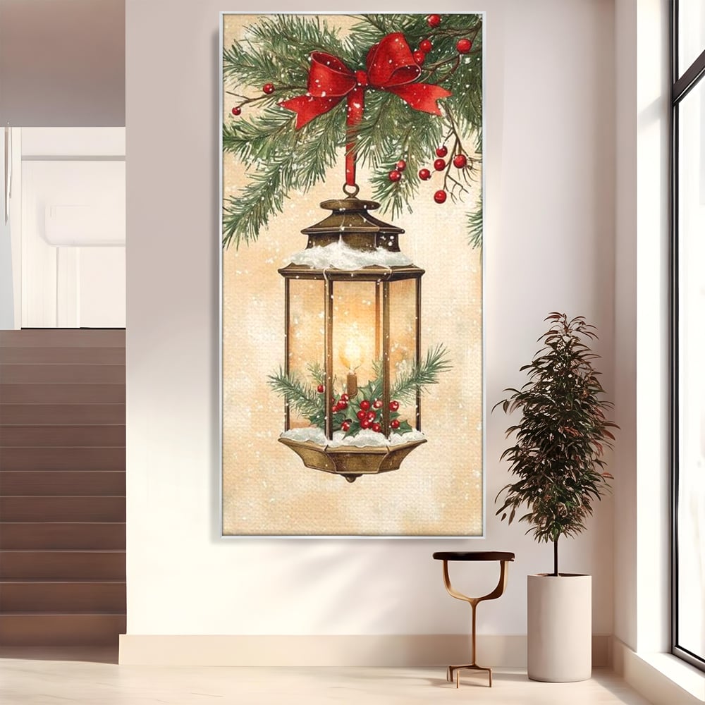 Tablou Canvas Premium LuxCanva® D1059, Felinarul Impodobit , Felinar, Brad, Lumina, Auriu, Casa, Zapada, Living Room, Culori vibrante