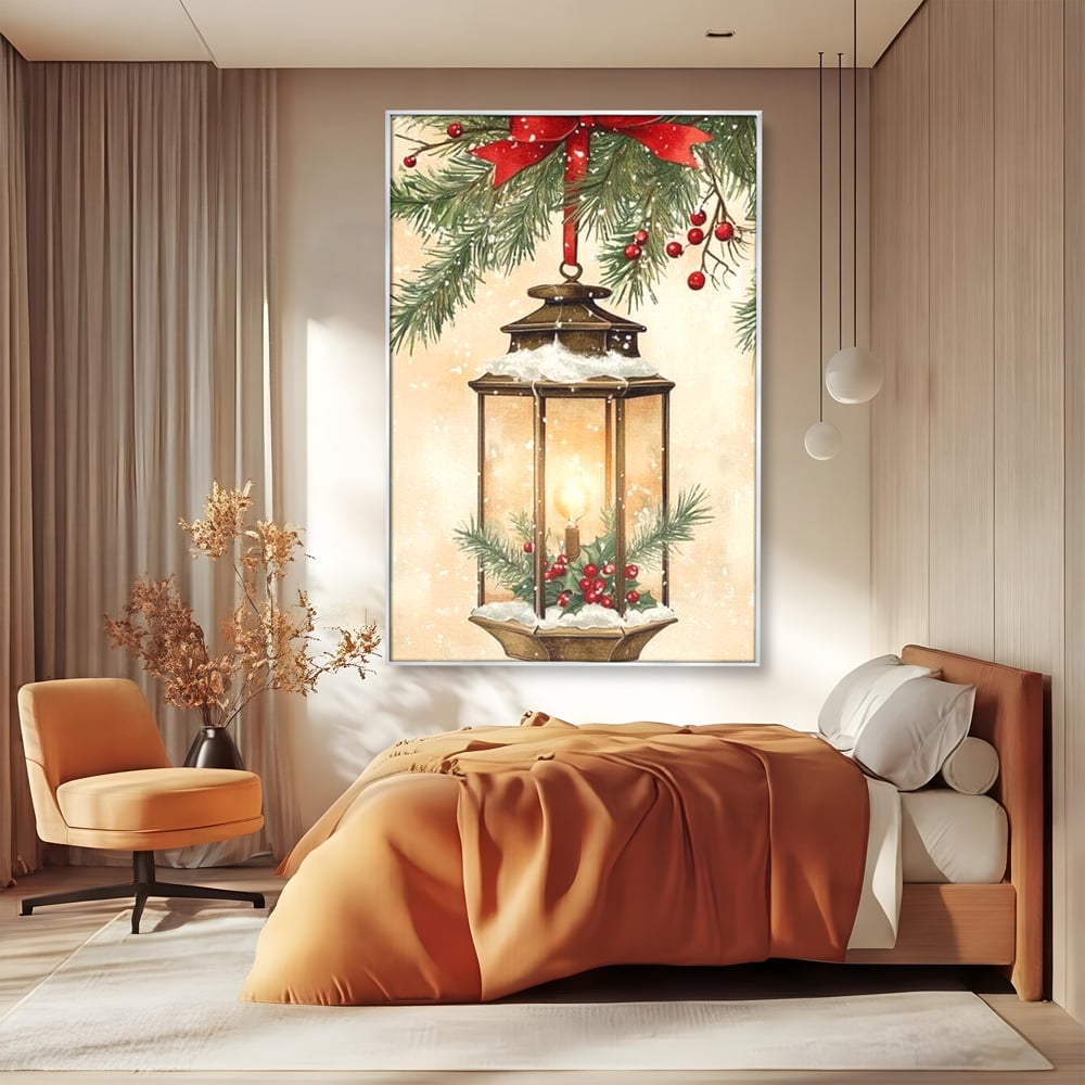 Tablou Canvas Premium LuxCanva® D1059, Felinarul Impodobit , Felinar, Brad, Lumina, Auriu, Casa, Zapada, Living Room, Culori vibrante