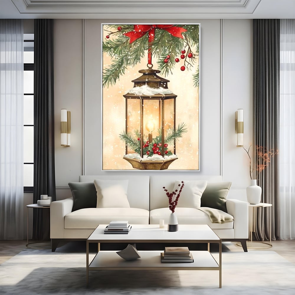 Tablou Canvas Premium LuxCanva® D1059, Felinarul Impodobit , Felinar, Brad, Lumina, Auriu, Casa, Zapada, Living Room, Culori vibrante