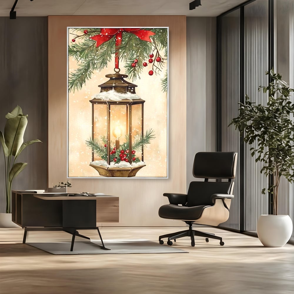 Tablou Canvas Premium LuxCanva® D1059, Felinarul Impodobit , Felinar, Brad, Lumina, Auriu, Casa, Zapada, Living Room, Culori vibrante