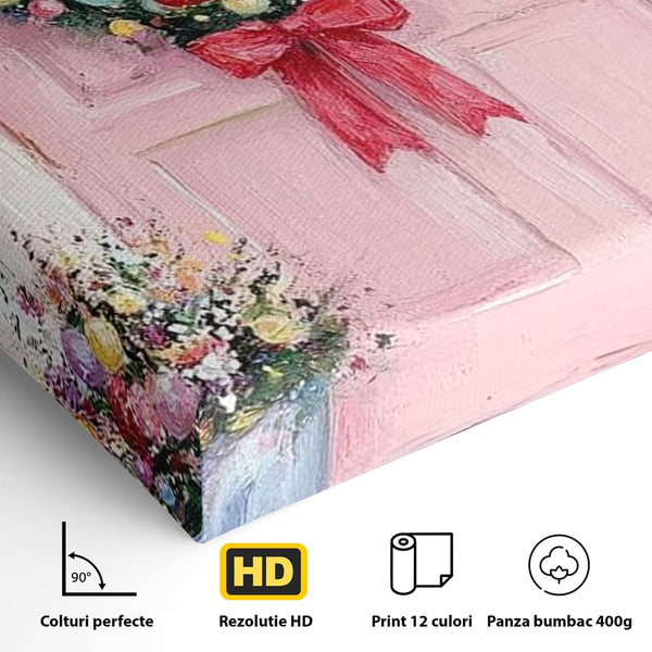 Tablou Canvas Premium LuxCanva® D1060, Bine ai Venit, Craciun , Coronita, Roz, Usa, Festiv, Craciun, Musafiri, Living Room, Culori vibrante