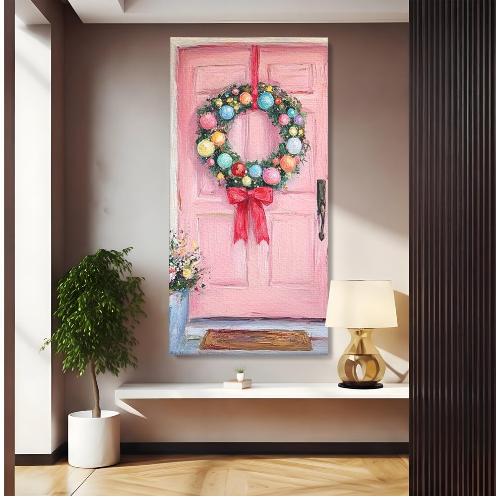 Tablou Canvas Premium LuxCanva® D1060, Bine ai Venit, Craciun , Coronita, Roz, Usa, Festiv, Craciun, Musafiri, Living Room, Culori vibrante