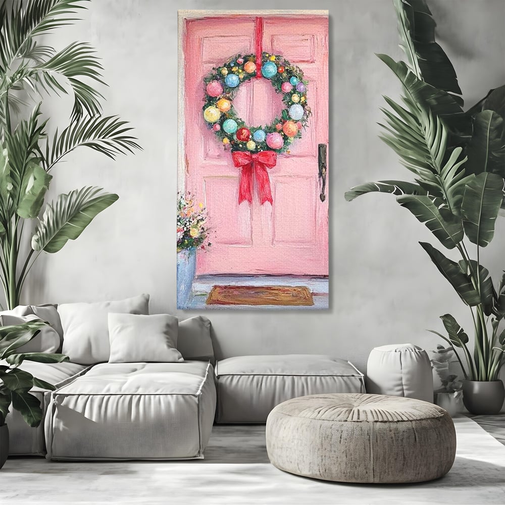 Tablou Canvas Premium LuxCanva® D1060, Bine ai Venit, Craciun , Coronita, Roz, Usa, Festiv, Craciun, Musafiri, Living Room, Culori vibrante