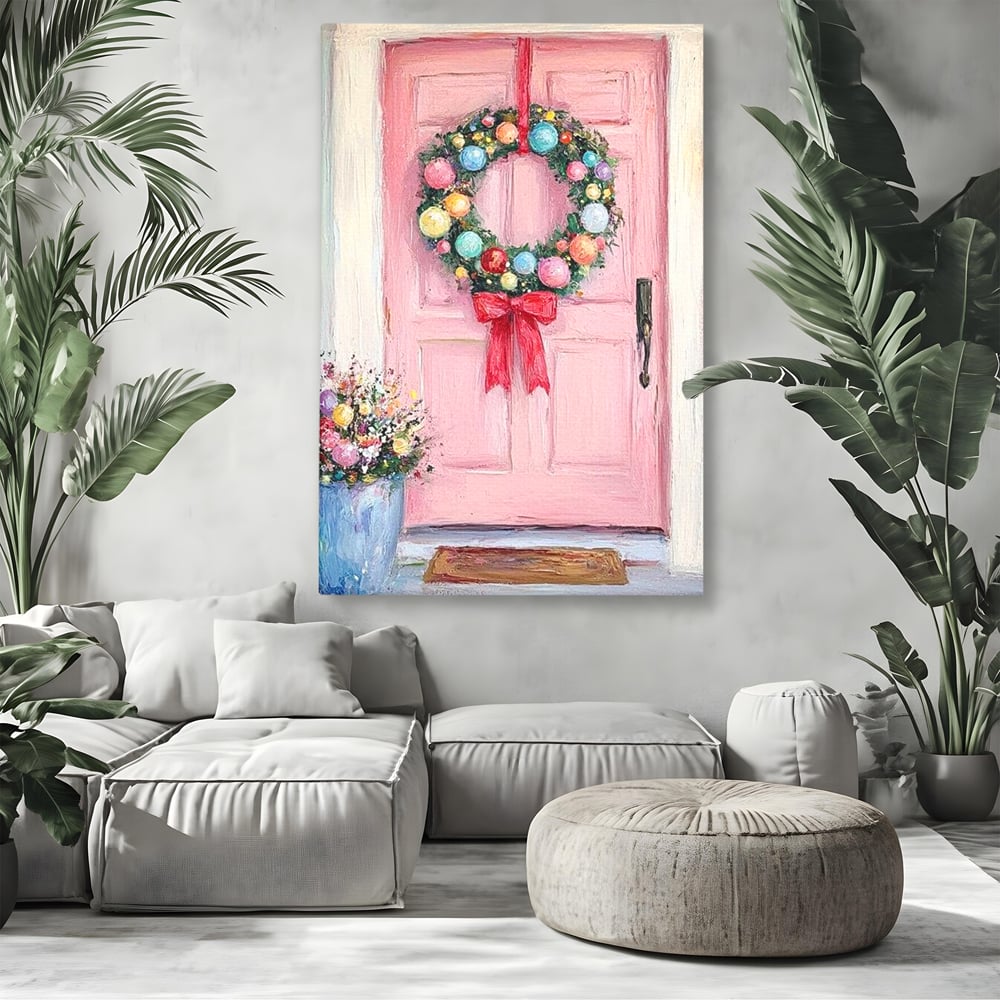 Tablou Canvas Premium LuxCanva® D1060, Bine ai Venit, Craciun , Coronita, Roz, Usa, Festiv, Craciun, Musafiri, Living Room, Culori vibrante
