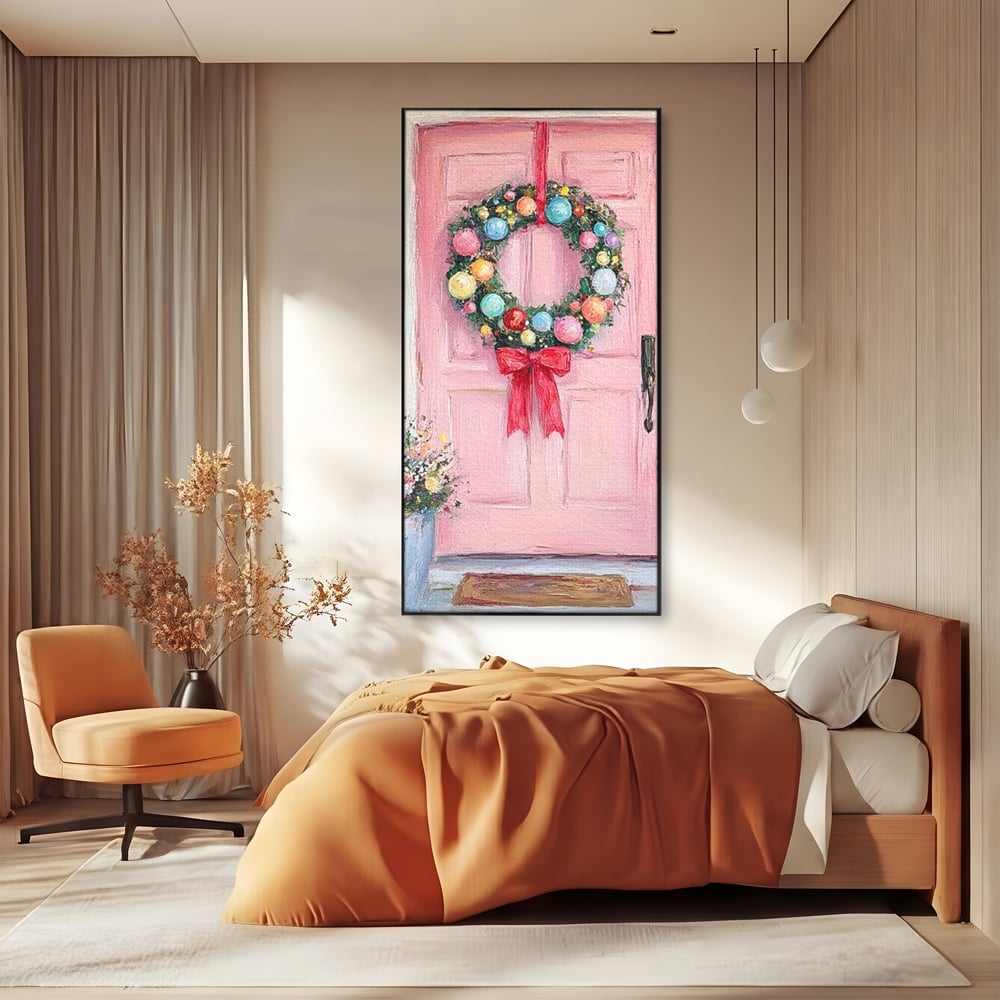 Tablou Canvas Premium LuxCanva® D1060, Bine ai Venit, Craciun , Coronita, Roz, Usa, Festiv, Craciun, Musafiri, Living Room, Culori vibrante