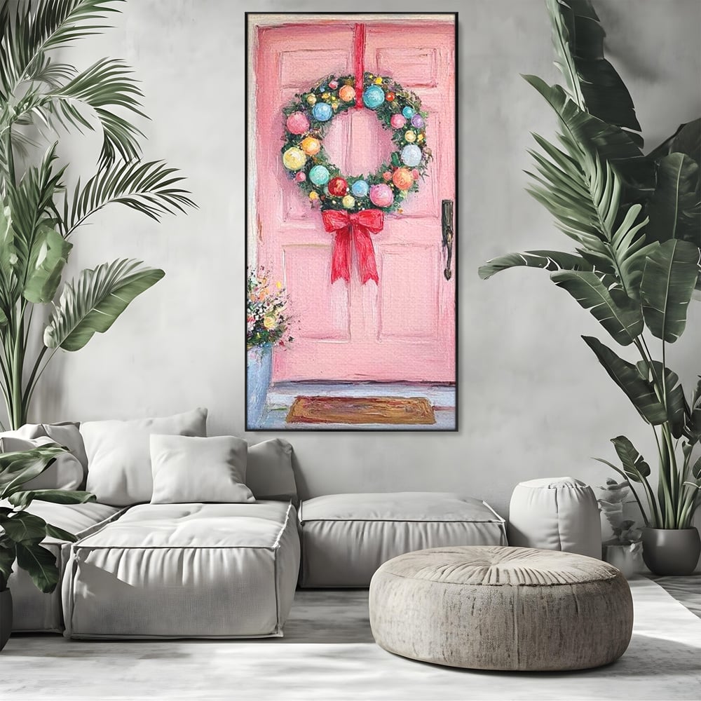 Tablou Canvas Premium LuxCanva® D1060, Bine ai Venit, Craciun , Coronita, Roz, Usa, Festiv, Craciun, Musafiri, Living Room, Culori vibrante