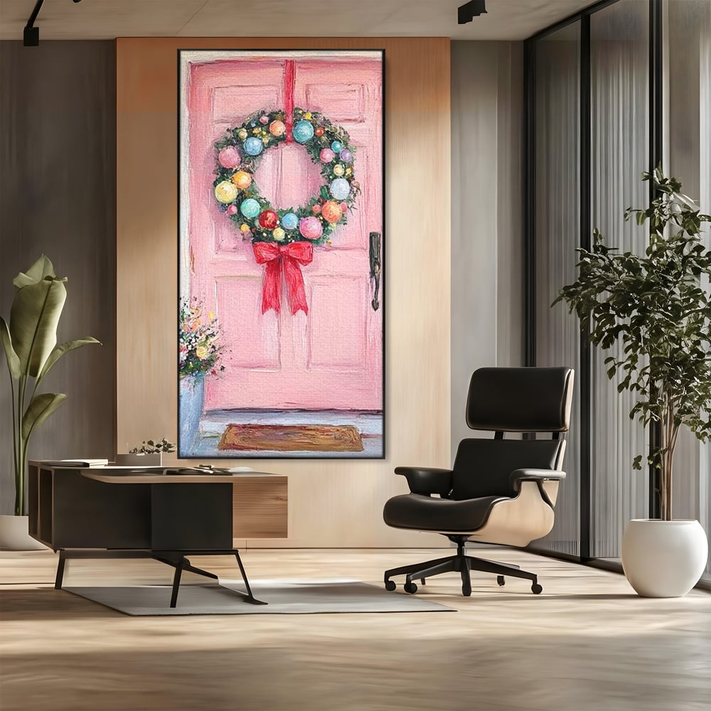 Tablou Canvas Premium LuxCanva® D1060, Bine ai Venit, Craciun , Coronita, Roz, Usa, Festiv, Craciun, Musafiri, Living Room, Culori vibrante