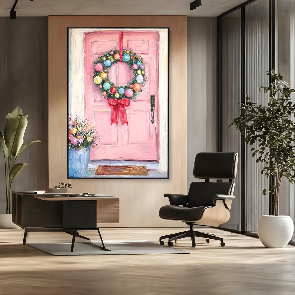 Tablou Canvas Premium LuxCanva® D1060, Bine ai Venit, Craciun , Coronita, Roz, Usa, Festiv, Craciun, Musafiri, Living Room, Culori vibrante