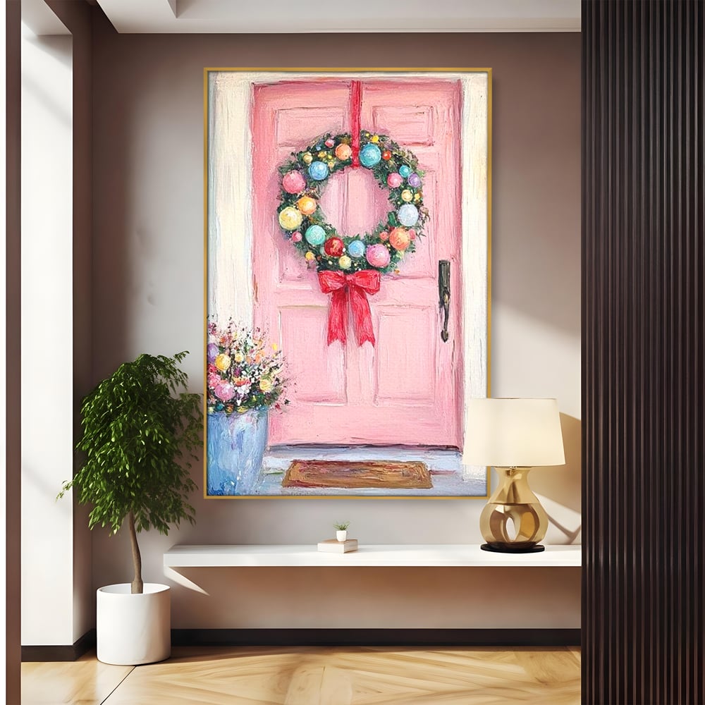 Tablou Canvas Premium LuxCanva® D1060, Bine ai Venit, Craciun , Coronita, Roz, Usa, Festiv, Craciun, Musafiri, Living Room, Culori vibrante