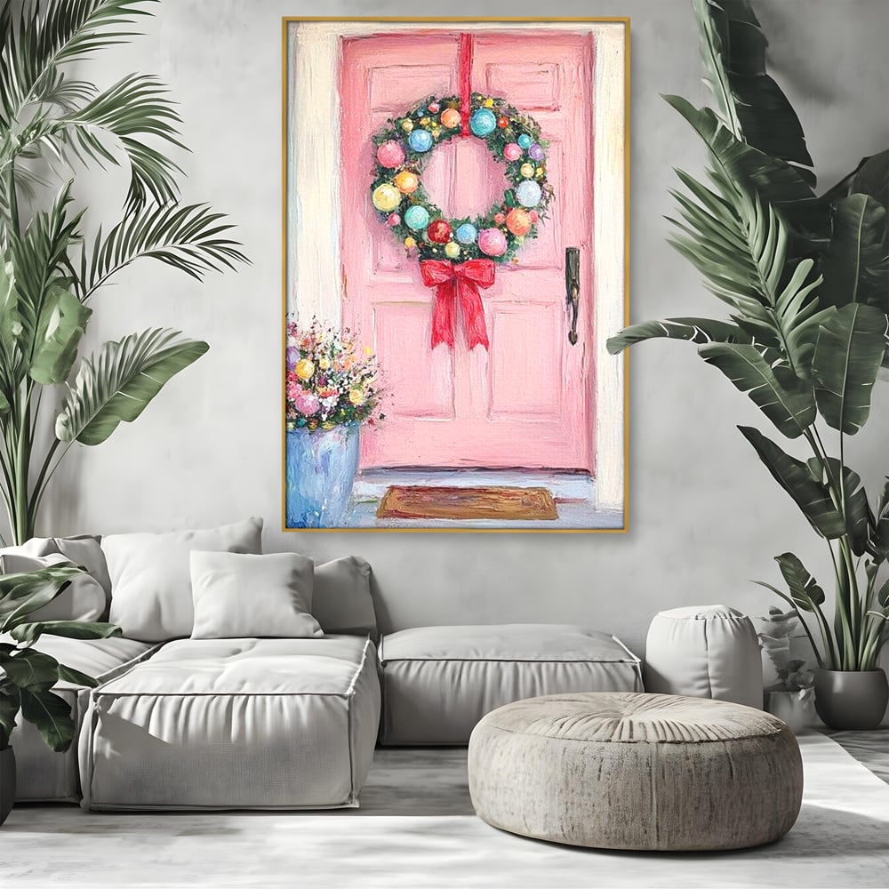 Tablou Canvas Premium LuxCanva® D1060, Bine ai Venit, Craciun , Coronita, Roz, Usa, Festiv, Craciun, Musafiri, Living Room, Culori vibrante
