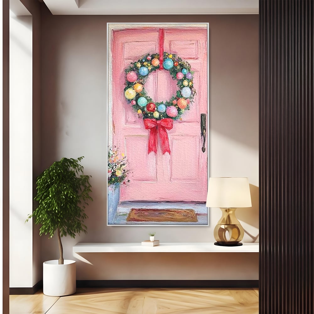 Tablou Canvas Premium LuxCanva® D1060, Bine ai Venit, Craciun , Coronita, Roz, Usa, Festiv, Craciun, Musafiri, Living Room, Culori vibrante