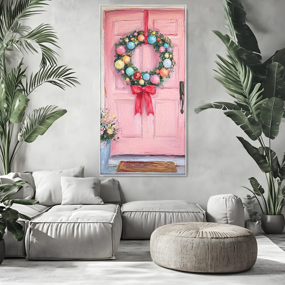 Tablou Canvas Premium LuxCanva® D1060, Bine ai Venit, Craciun , Coronita, Roz, Usa, Festiv, Craciun, Musafiri, Living Room, Culori vibrante