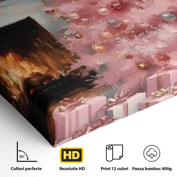 Tablou Canvas Premium, LuxCanva® D1061, Un Craciun Roz, Brad, Semineu, Foc, Globuri, Cadou, Ambalat, Sarbatoare, Atmosfera, Magie, Iarna, Decoratiuni, Fundite, Pastel, Camera Copil, Living, Dormitor