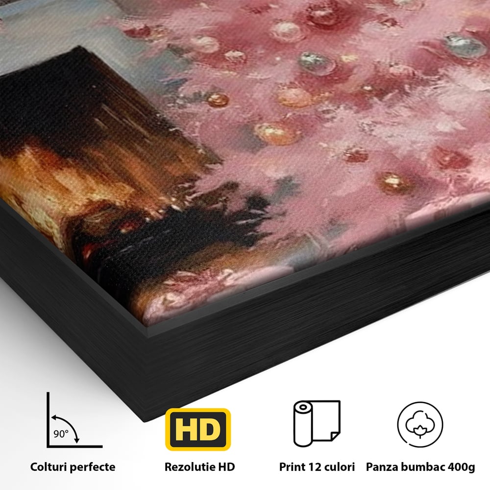 Tablou Canvas Premium, LuxCanva® D1061, Un Craciun Roz, Brad, Semineu, Foc, Globuri, Cadou, Ambalat, Sarbatoare, Atmosfera, Magie, Iarna, Decoratiuni, Fundite, Pastel, Camera Copil, Living, Dormitor