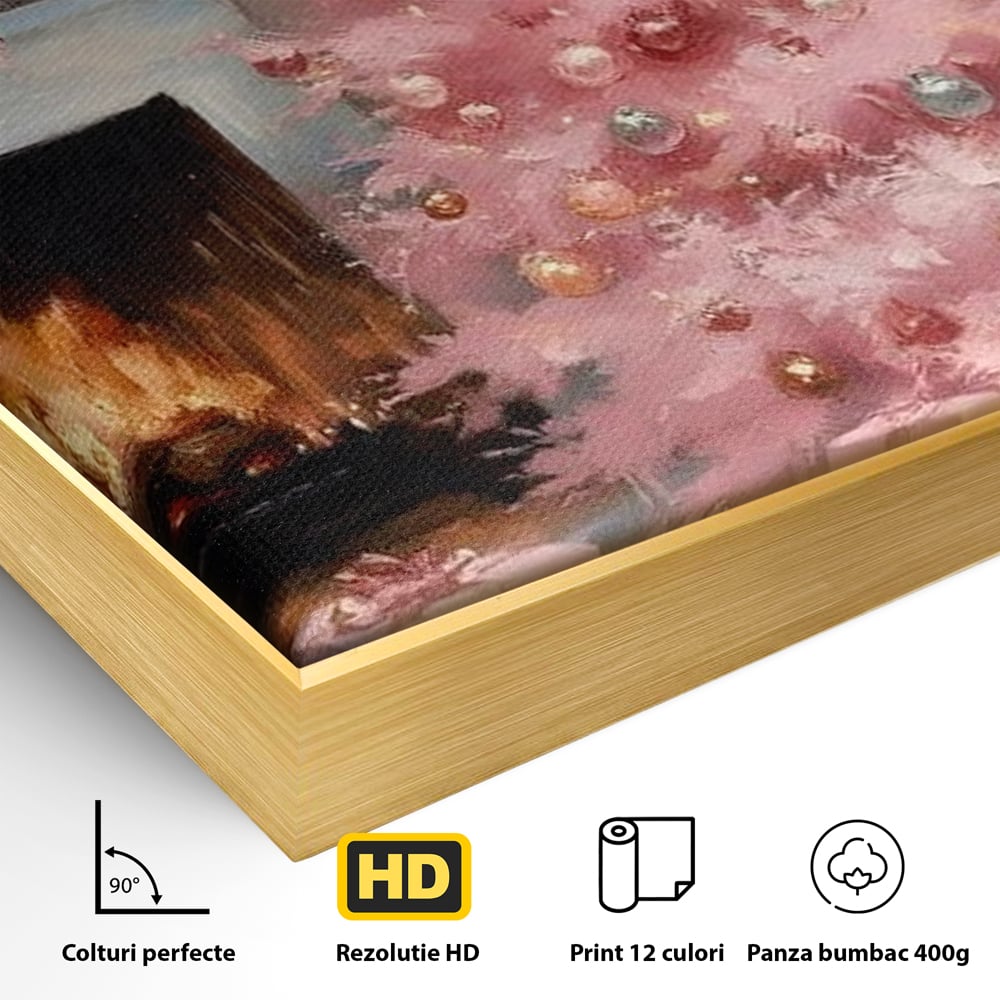 Tablou Canvas Premium, LuxCanva® D1061, Un Craciun Roz, Brad, Semineu, Foc, Globuri, Cadou, Ambalat, Sarbatoare, Atmosfera, Magie, Iarna, Decoratiuni, Fundite, Pastel, Camera Copil, Living, Dormitor