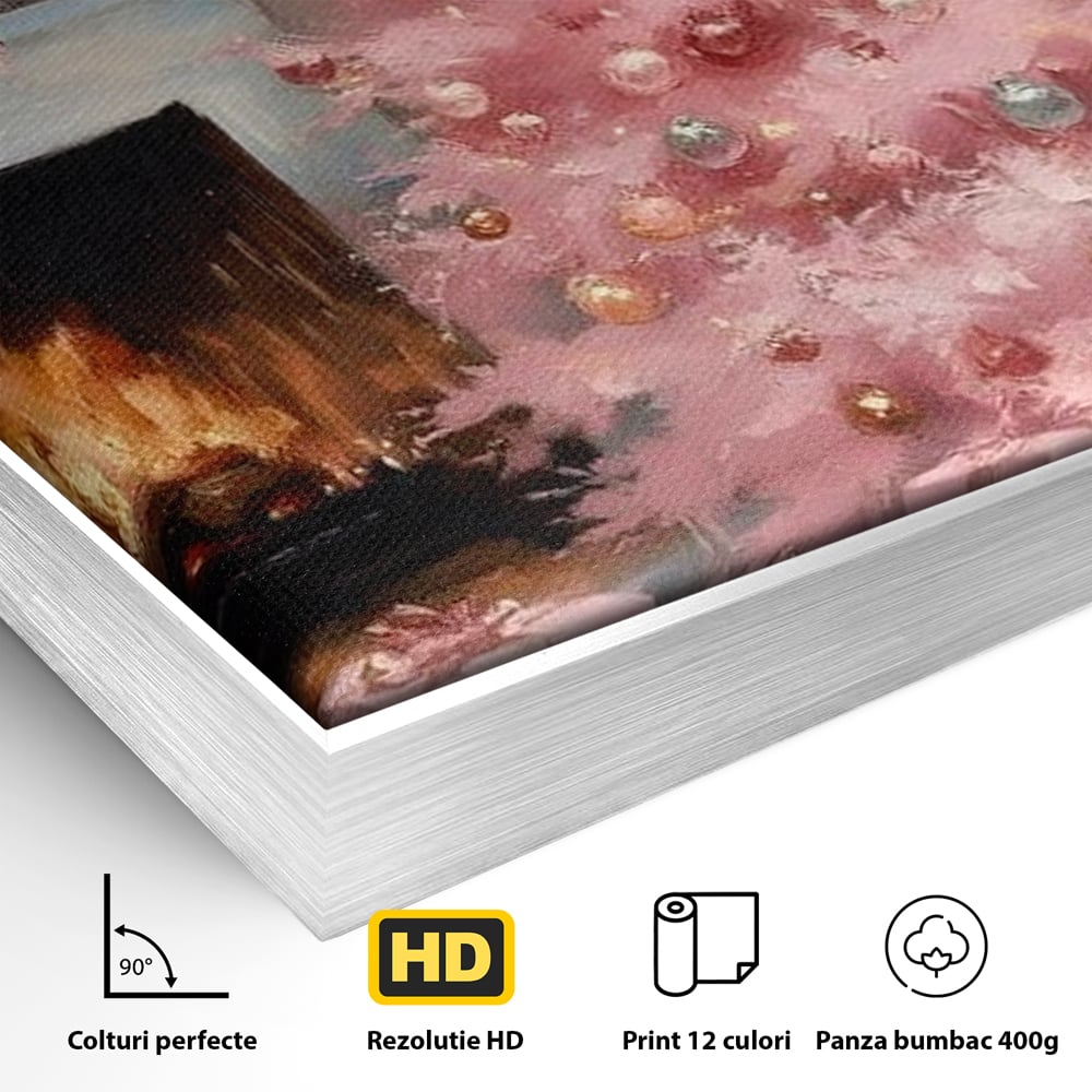 Tablou Canvas Premium, LuxCanva® D1061, Un Craciun Roz, Brad, Semineu, Foc, Globuri, Cadou, Ambalat, Sarbatoare, Atmosfera, Magie, Iarna, Decoratiuni, Fundite, Pastel, Camera Copil, Living, Dormitor
