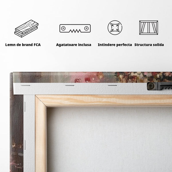 Tablou Canvas Premium, LuxCanva® D1061, Un Craciun Roz, Brad, Semineu, Foc, Globuri, Cadou, Ambalat, Sarbatoare, Atmosfera, Magie, Iarna, Decoratiuni, Fundite, Pastel, Camera Copil, Living, Dormitor