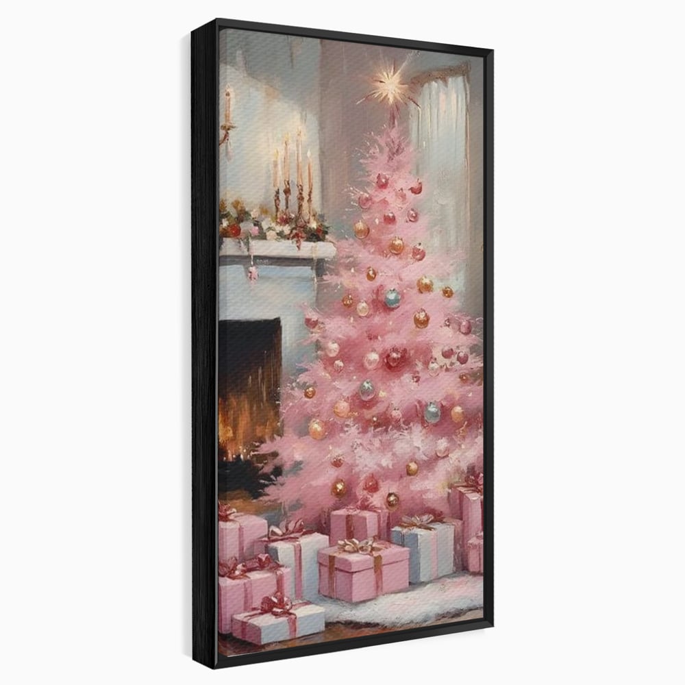 Tablou Canvas Premium, LuxCanva® D1061, Un Craciun Roz, Brad, Semineu, Foc, Globuri, Cadou, Ambalat, Sarbatoare, Atmosfera, Magie, Iarna, Decoratiuni, Fundite, Pastel, Camera Copil, Living, Dormitor