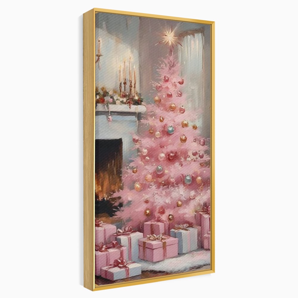 Tablou Canvas Premium, LuxCanva® D1061, Un Craciun Roz, Brad, Semineu, Foc, Globuri, Cadou, Ambalat, Sarbatoare, Atmosfera, Magie, Iarna, Decoratiuni, Fundite, Pastel, Camera Copil, Living, Dormitor