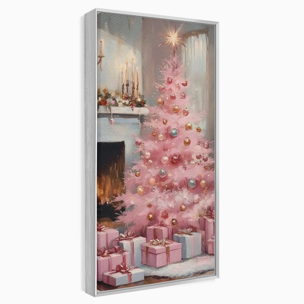 Tablou Canvas Premium, LuxCanva® D1061, Un Craciun Roz, Brad, Semineu, Foc, Globuri, Cadou, Ambalat, Sarbatoare, Atmosfera, Magie, Iarna, Decoratiuni, Fundite, Pastel, Camera Copil, Living, Dormitor