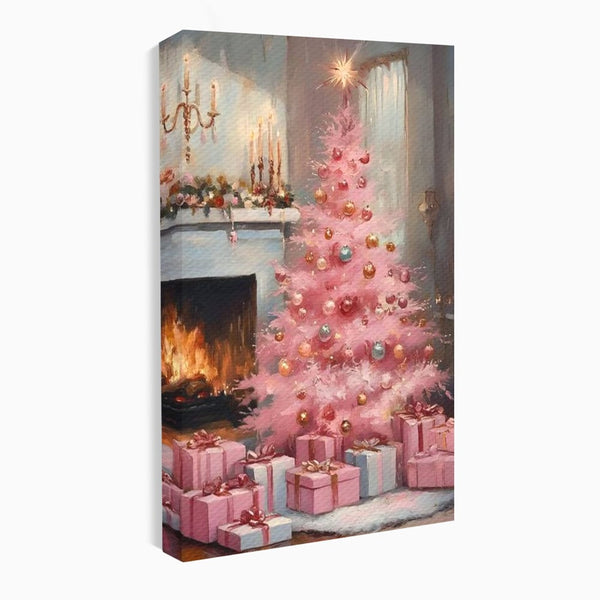 Tablou Canvas Premium, LuxCanva® D1061, Un Craciun Roz, Brad, Semineu, Foc, Globuri, Cadou, Ambalat, Sarbatoare, Atmosfera, Magie, Iarna, Decoratiuni, Fundite, Pastel, Camera Copil, Living, Dormitor