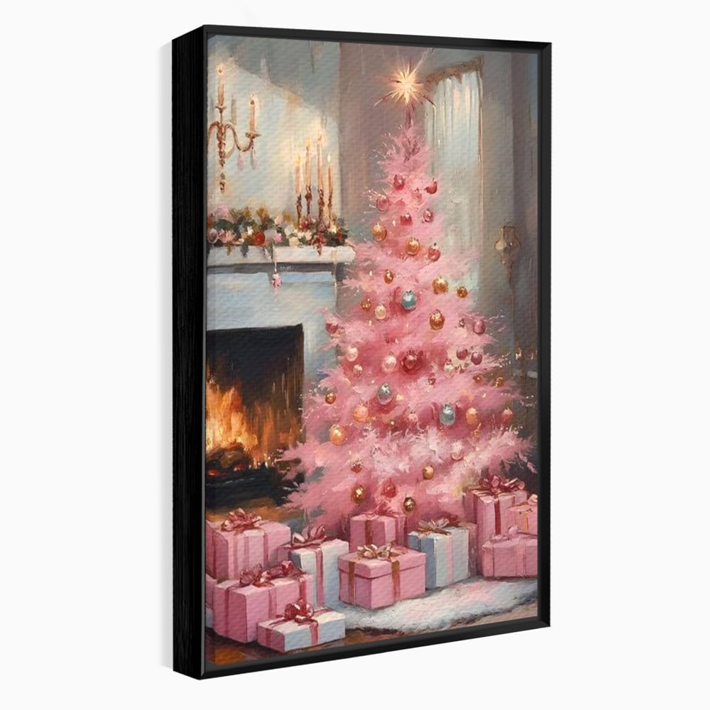 Tablou Canvas Premium, LuxCanva® D1061, Un Craciun Roz, Brad, Semineu, Foc, Globuri, Cadou, Ambalat, Sarbatoare, Atmosfera, Magie, Iarna, Decoratiuni, Fundite, Pastel, Camera Copil, Living, Dormitor