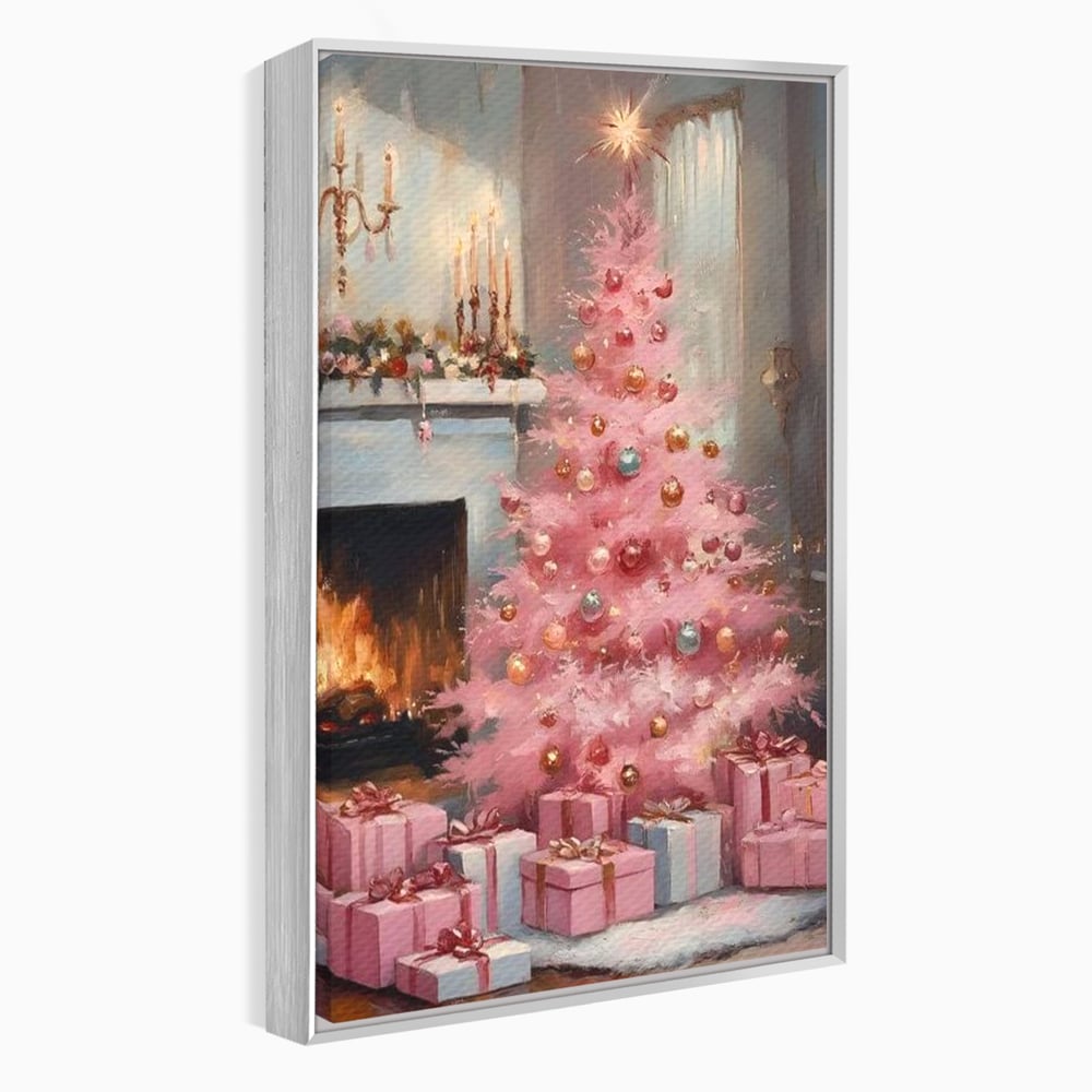 Tablou Canvas Premium, LuxCanva® D1061, Un Craciun Roz, Brad, Semineu, Foc, Globuri, Cadou, Ambalat, Sarbatoare, Atmosfera, Magie, Iarna, Decoratiuni, Fundite, Pastel, Camera Copil, Living, Dormitor