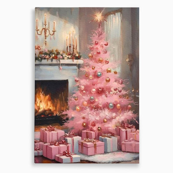 Tablou Canvas Premium, LuxCanva® D1061, Un Craciun Roz, Brad, Semineu, Foc, Globuri, Cadou, Ambalat, Sarbatoare, Atmosfera, Magie, Iarna, Decoratiuni, Fundite, Pastel, Camera Copil, Living, Dormitor