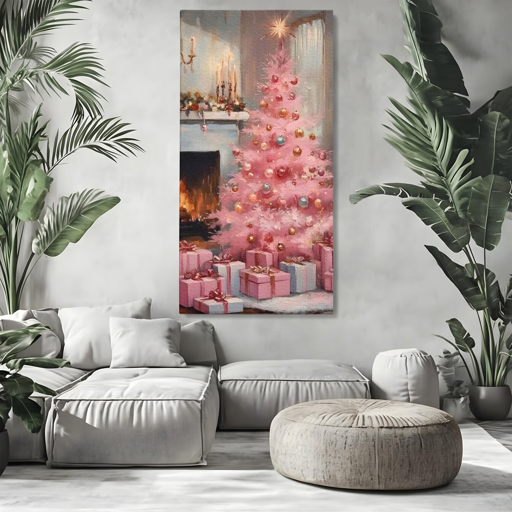 Tablou Canvas Premium, LuxCanva® D1061, Un Craciun Roz, Brad, Semineu, Foc, Globuri, Cadou, Ambalat, Sarbatoare, Atmosfera, Magie, Iarna, Decoratiuni, Fundite, Pastel, Camera Copil, Living, Dormitor