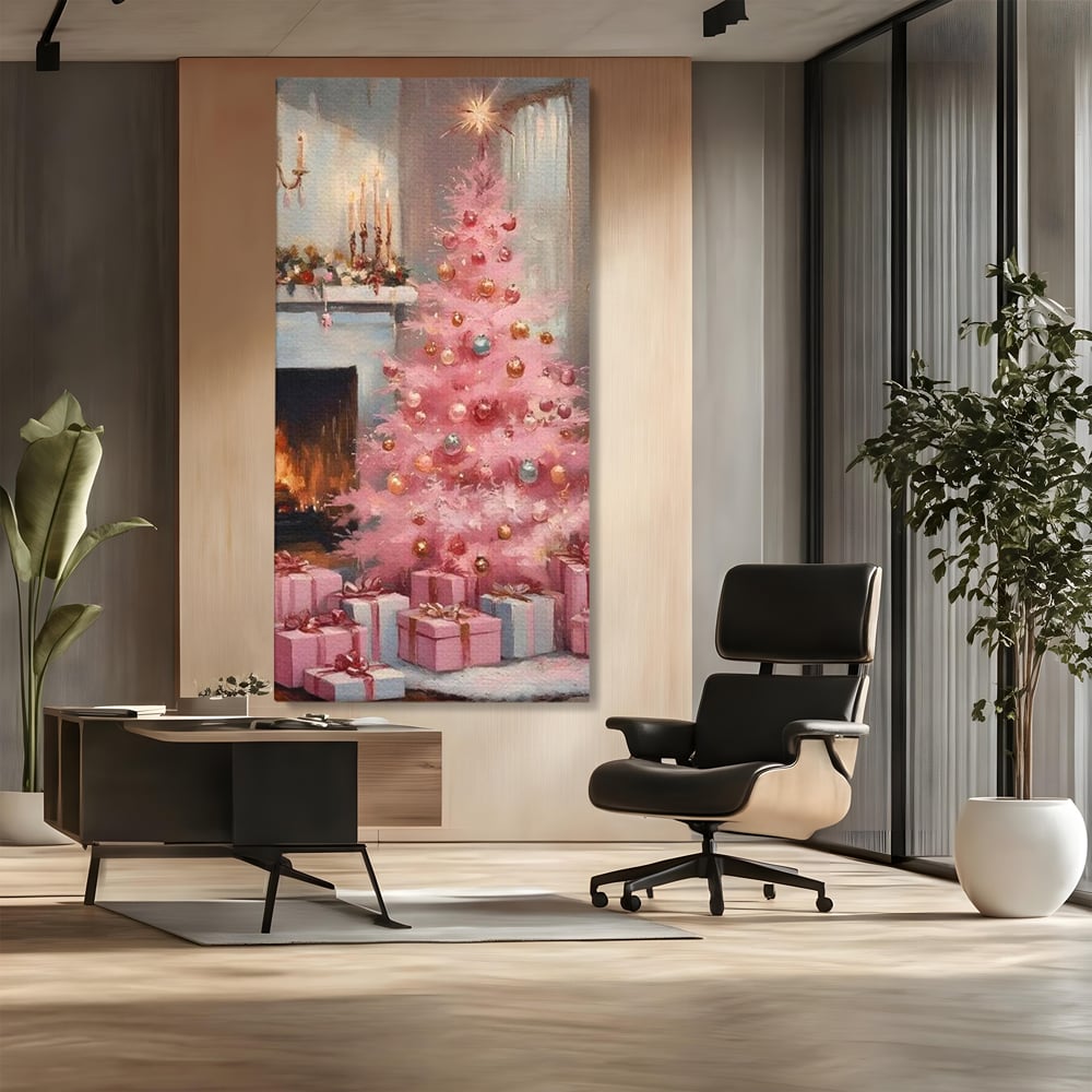 Tablou Canvas Premium, LuxCanva® D1061, Un Craciun Roz, Brad, Semineu, Foc, Globuri, Cadou, Ambalat, Sarbatoare, Atmosfera, Magie, Iarna, Decoratiuni, Fundite, Pastel, Camera Copil, Living, Dormitor