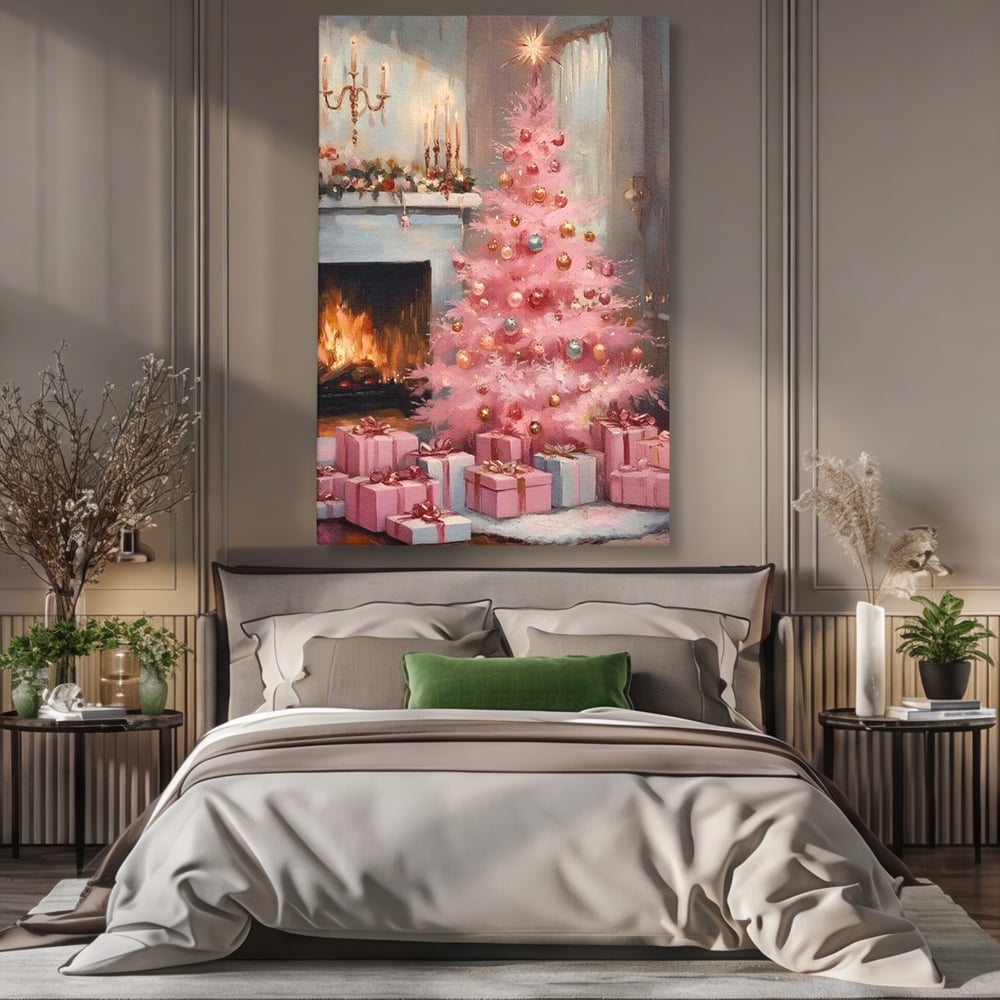 Tablou Canvas Premium, LuxCanva® D1061, Un Craciun Roz, Brad, Semineu, Foc, Globuri, Cadou, Ambalat, Sarbatoare, Atmosfera, Magie, Iarna, Decoratiuni, Fundite, Pastel, Camera Copil, Living, Dormitor