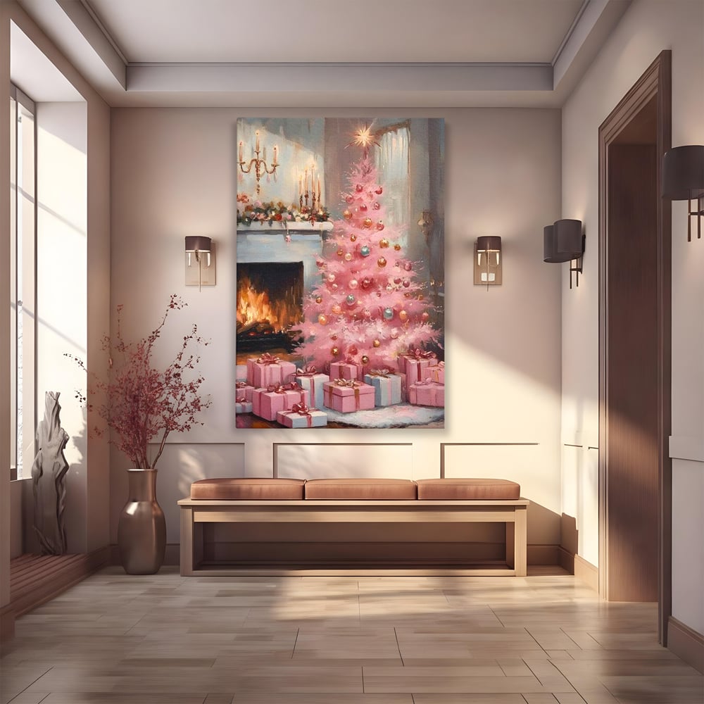 Tablou Canvas Premium, LuxCanva® D1061, Un Craciun Roz, Brad, Semineu, Foc, Globuri, Cadou, Ambalat, Sarbatoare, Atmosfera, Magie, Iarna, Decoratiuni, Fundite, Pastel, Camera Copil, Living, Dormitor