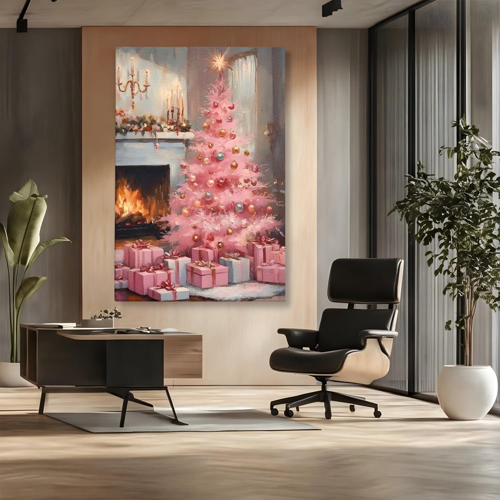 Tablou Canvas Premium, LuxCanva® D1061, Un Craciun Roz, Brad, Semineu, Foc, Globuri, Cadou, Ambalat, Sarbatoare, Atmosfera, Magie, Iarna, Decoratiuni, Fundite, Pastel, Camera Copil, Living, Dormitor