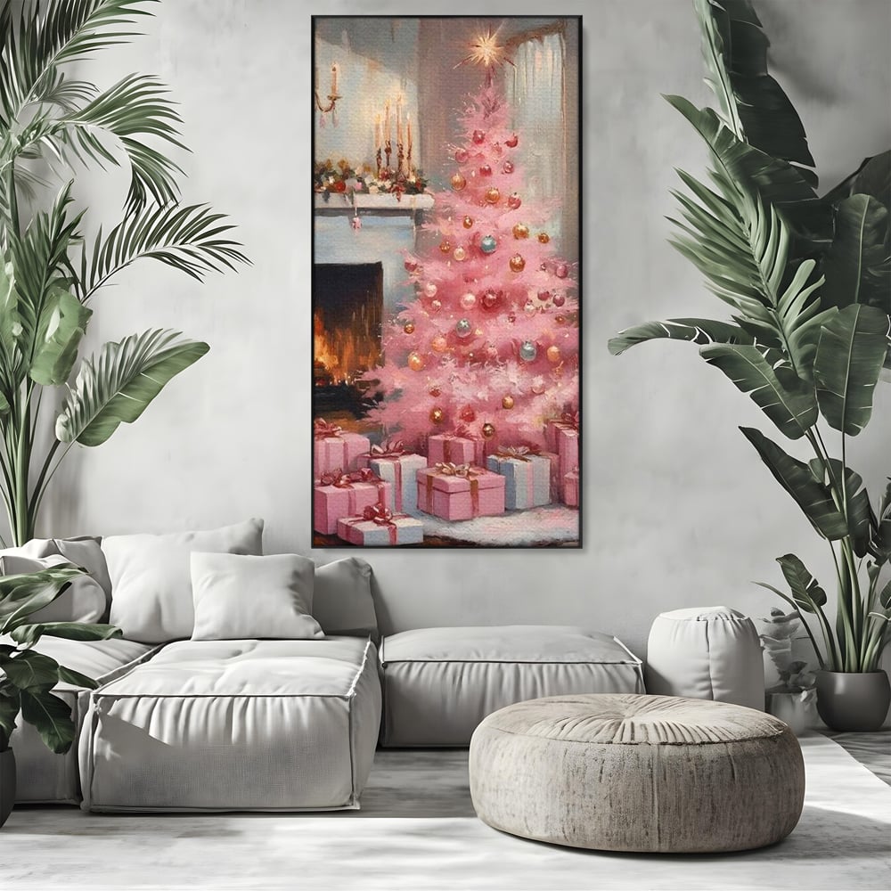 Tablou Canvas Premium, LuxCanva® D1061, Un Craciun Roz, Brad, Semineu, Foc, Globuri, Cadou, Ambalat, Sarbatoare, Atmosfera, Magie, Iarna, Decoratiuni, Fundite, Pastel, Camera Copil, Living, Dormitor