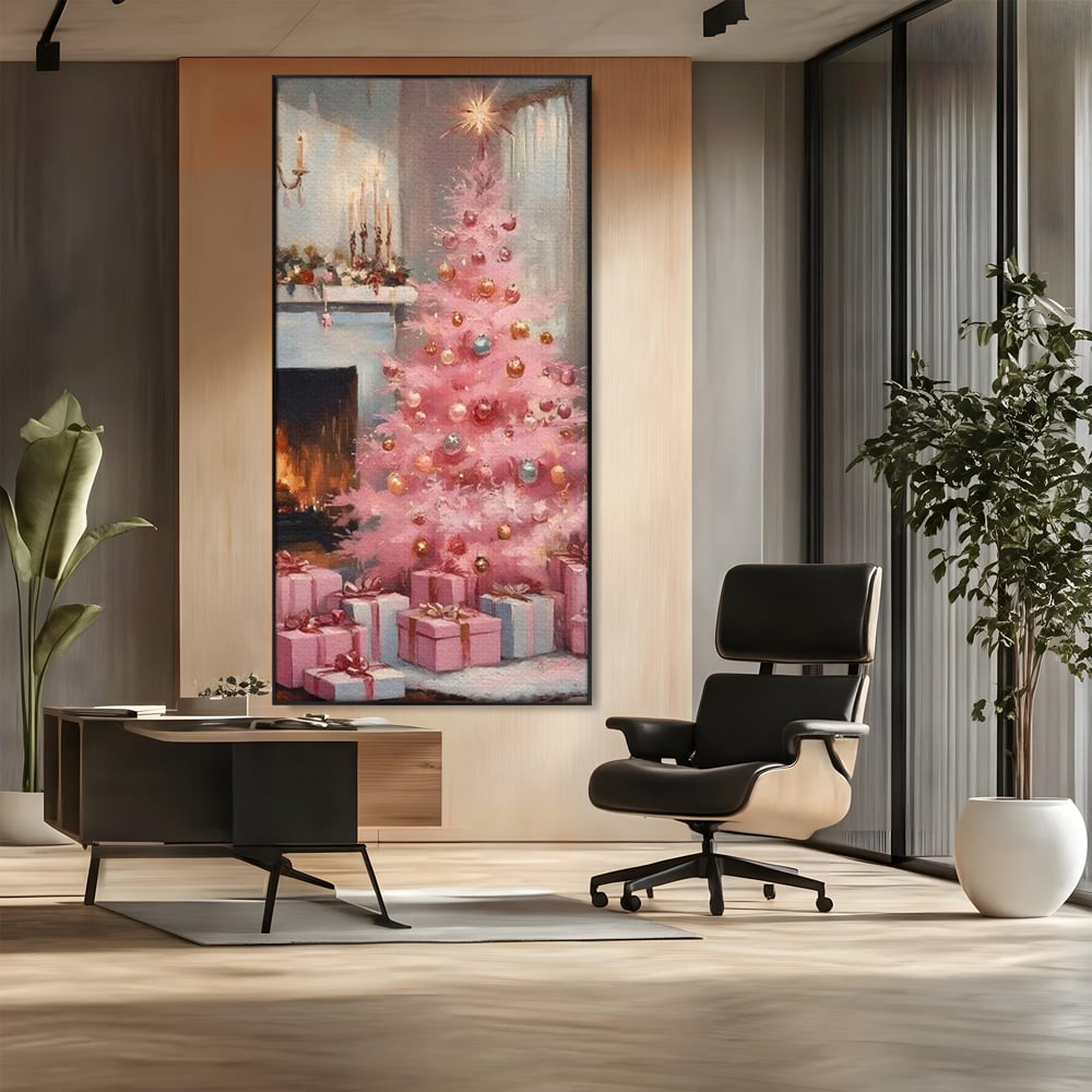Tablou Canvas Premium, LuxCanva® D1061, Un Craciun Roz, Brad, Semineu, Foc, Globuri, Cadou, Ambalat, Sarbatoare, Atmosfera, Magie, Iarna, Decoratiuni, Fundite, Pastel, Camera Copil, Living, Dormitor