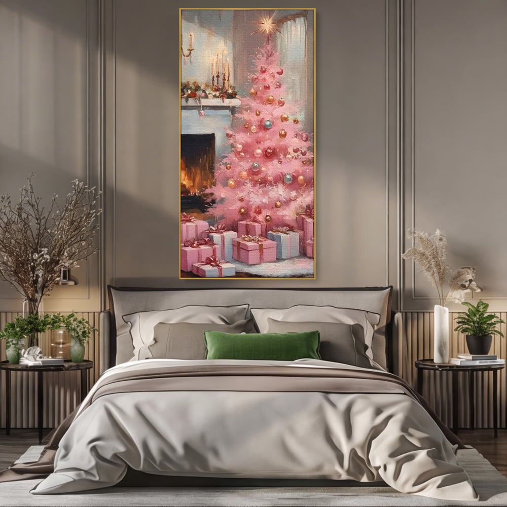 Tablou Canvas Premium, LuxCanva® D1061, Un Craciun Roz, Brad, Semineu, Foc, Globuri, Cadou, Ambalat, Sarbatoare, Atmosfera, Magie, Iarna, Decoratiuni, Fundite, Pastel, Camera Copil, Living, Dormitor