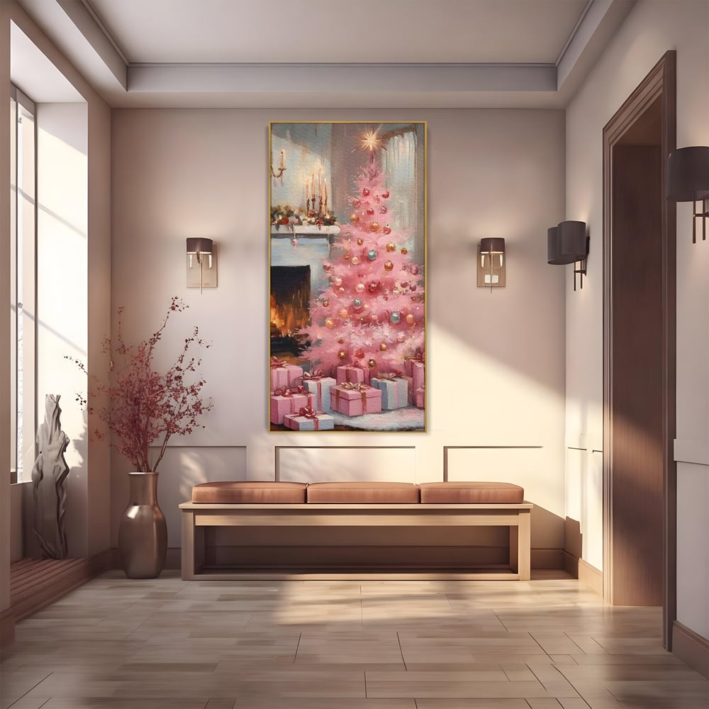 Tablou Canvas Premium, LuxCanva® D1061, Un Craciun Roz, Brad, Semineu, Foc, Globuri, Cadou, Ambalat, Sarbatoare, Atmosfera, Magie, Iarna, Decoratiuni, Fundite, Pastel, Camera Copil, Living, Dormitor