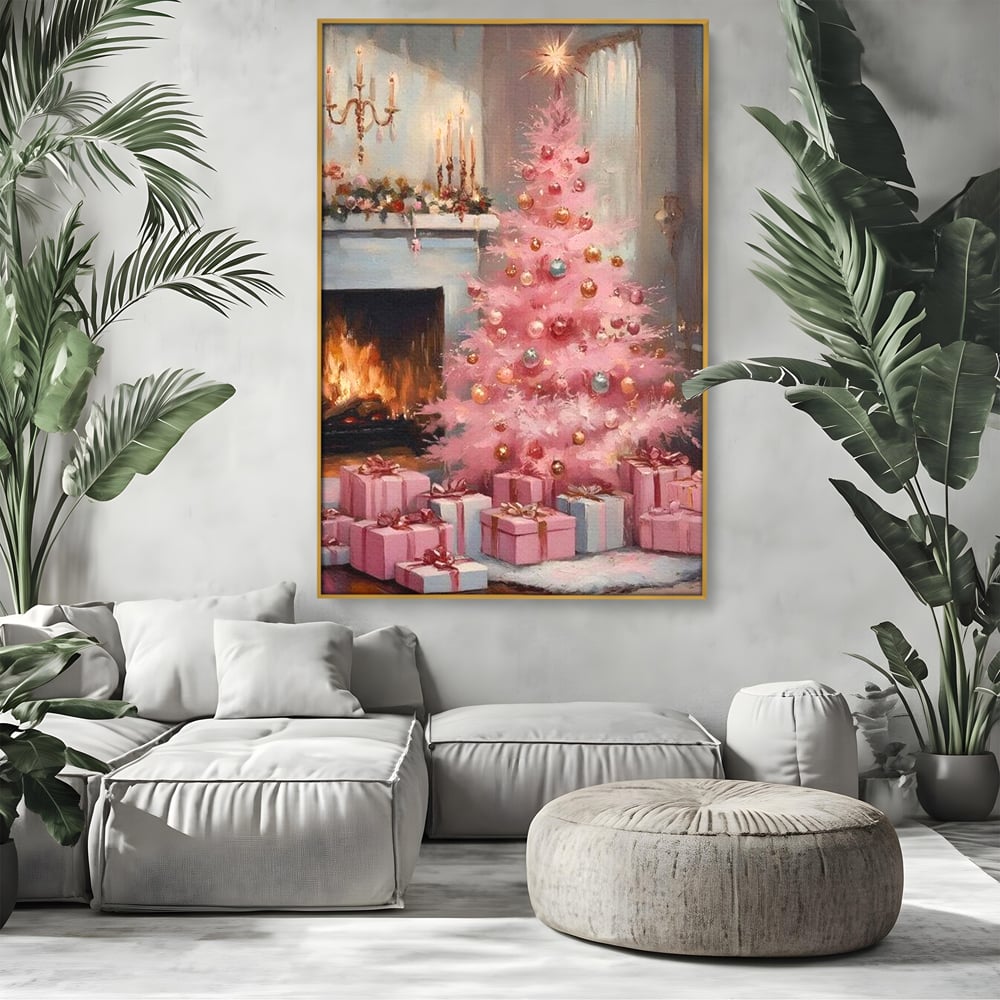 Tablou Canvas Premium, LuxCanva® D1061, Un Craciun Roz, Brad, Semineu, Foc, Globuri, Cadou, Ambalat, Sarbatoare, Atmosfera, Magie, Iarna, Decoratiuni, Fundite, Pastel, Camera Copil, Living, Dormitor