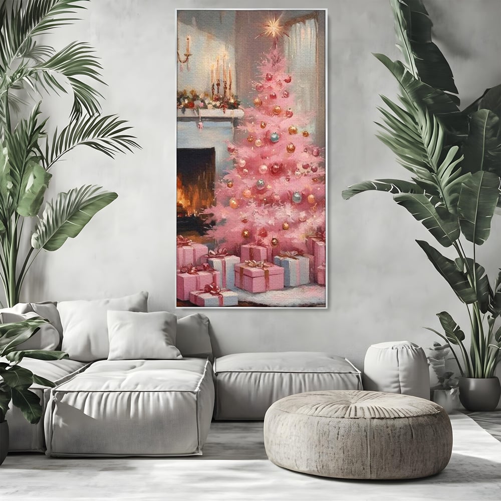 Tablou Canvas Premium, LuxCanva® D1061, Un Craciun Roz, Brad, Semineu, Foc, Globuri, Cadou, Ambalat, Sarbatoare, Atmosfera, Magie, Iarna, Decoratiuni, Fundite, Pastel, Camera Copil, Living, Dormitor